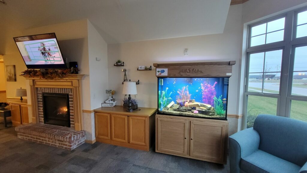 waiting room with a fireplace, comfy chair, and a serenity aquarium