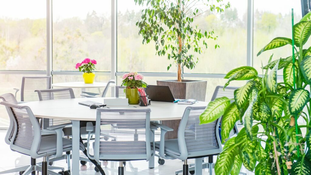 office space with greenery and big windows
